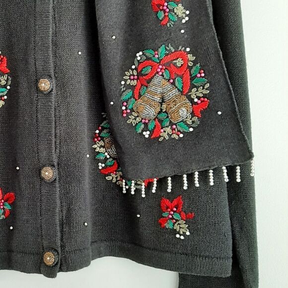WHITE STAG Vintage Embroidery & Bead Work Christmas Bells Cardigan Sweater Sz XL - Picture 4 of 16